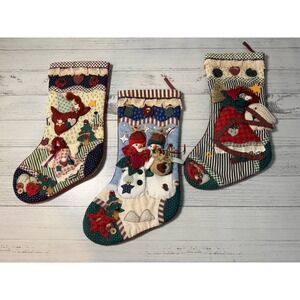 Vintage Christmas Stocking Large 3D Quilted 3-d Snowmen and Angels  17x7"